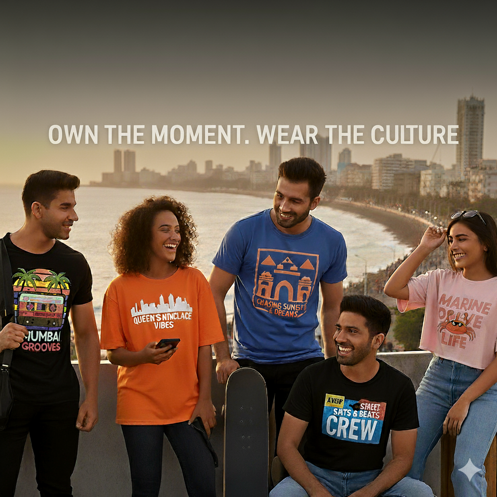 Group of people wearing colorful t-shirts with text, standing by a waterfront with a cityscape in the background.