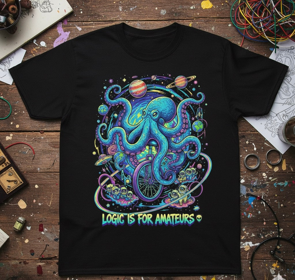 Cosmic Octopus Unicycle Tee: "Logic Is For Amateurs"
